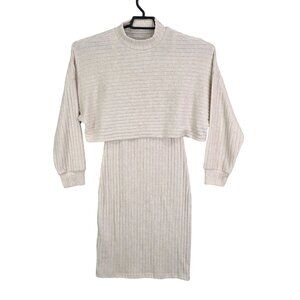 Womens 2pc SHEIN Cream Ribbed Mock Layer Dress Long Sleeve Bodycon Size S